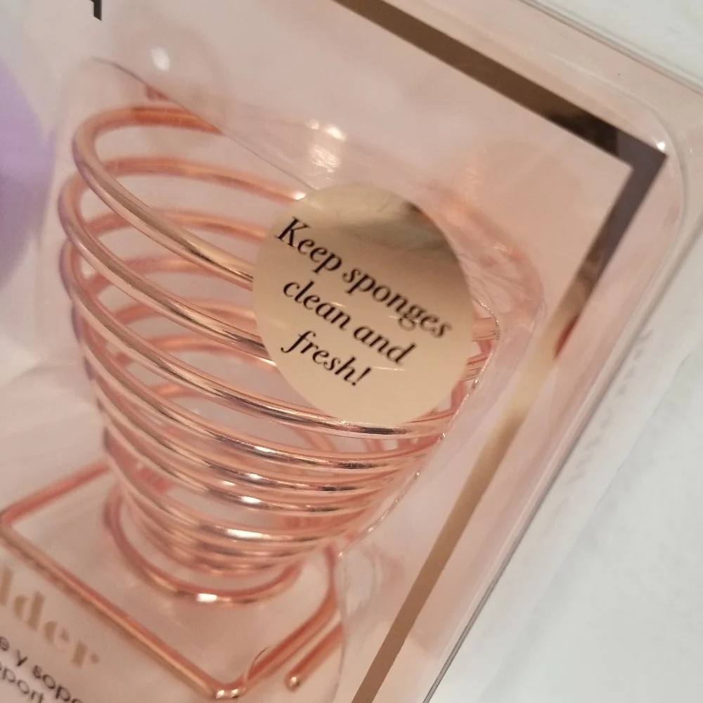 CALA Purple Pro Blender Makeup Sponge & Gold-tone Holder Stand NIB